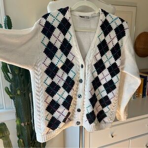 Vintage Russ Classic Knit Argyle Sweater Grandpa Cardigan Ramie / Cotton V-Neck